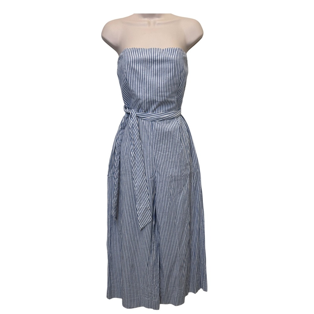 Club Monaco Cropped Jumpsuit 8 Blue White Stripe Strapless Belted Coastal Resort